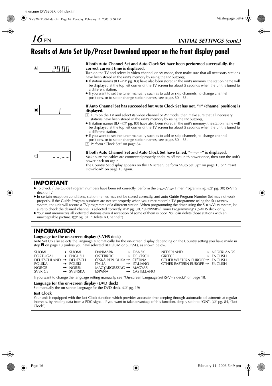 Initial settings (cont.), Important, Information | JVC HR-XVS20E User Manual | Page 16 / 96