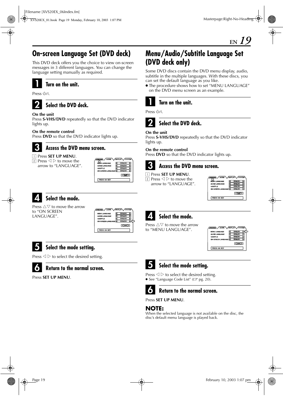 On-screen language set (dvd deck), Menu/audio/subtitle language set (dvd deck only), Pg. 19) | JVC HR-XVS20E User Manual | Page 19 / 96