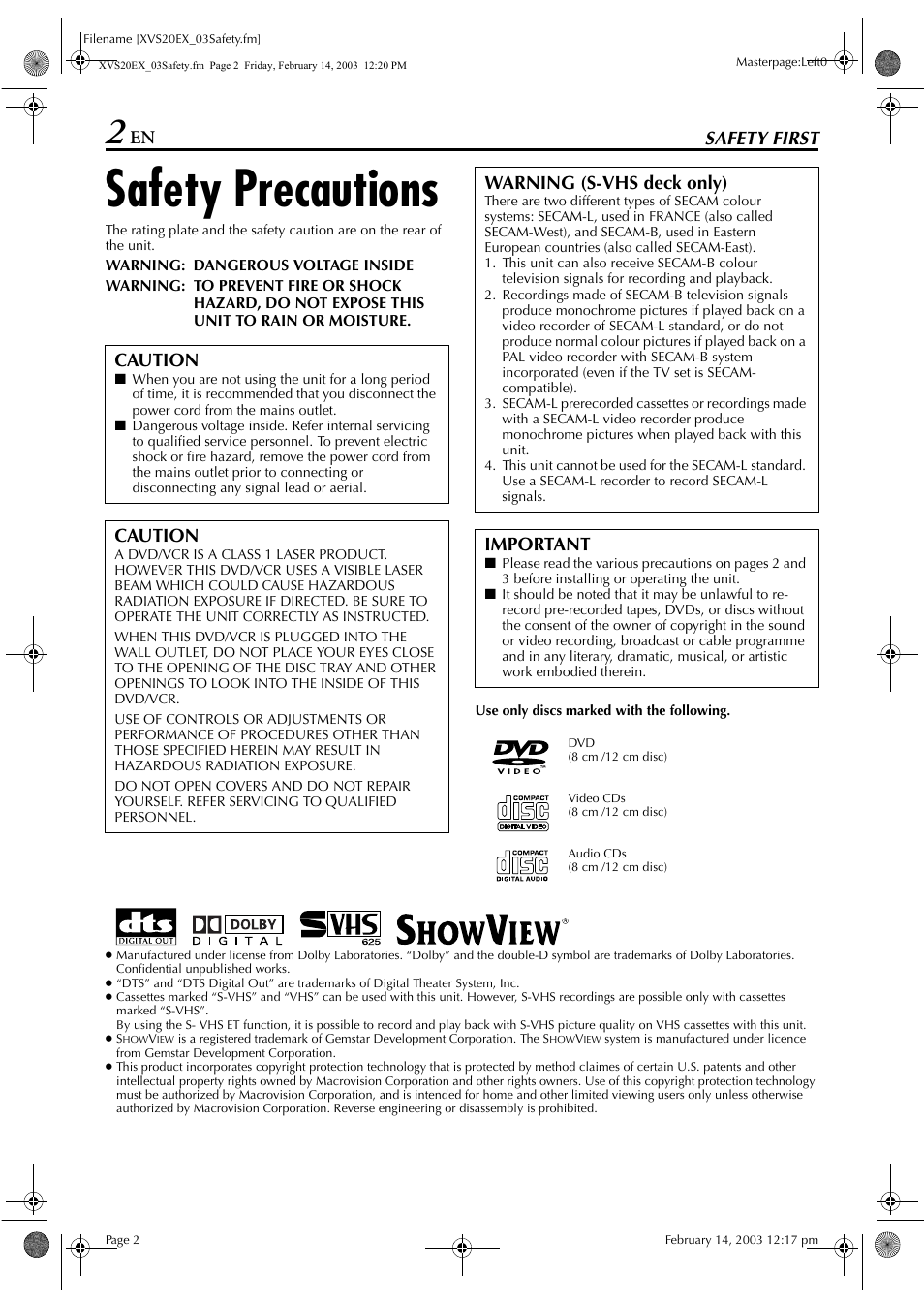 Safety first, Safety precautions, Caution | Warning (s-vhs deck only), Important | JVC HR-XVS20E User Manual | Page 2 / 96