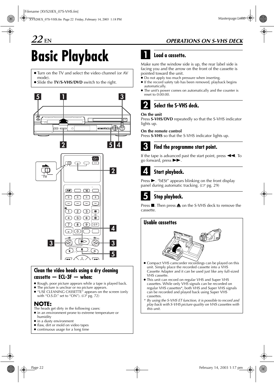 Operations on s-vhs deck, Basic playback, Pg. 22, 26 | Pg. 22, 2, Pg. 22, Pg. 22, 36 | JVC HR-XVS20E User Manual | Page 22 / 96