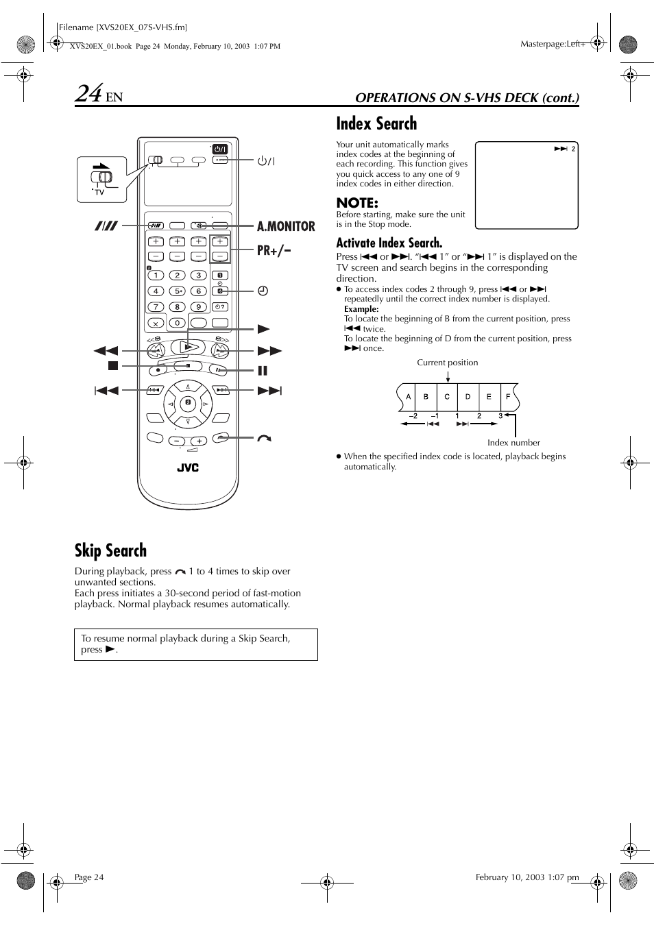Skip search, Index search, Pg. 24) t | Pg. 24, Pg. 24, 36, Operations on s-vhs deck (cont.), Activate index search | JVC HR-XVS20E User Manual | Page 24 / 96
