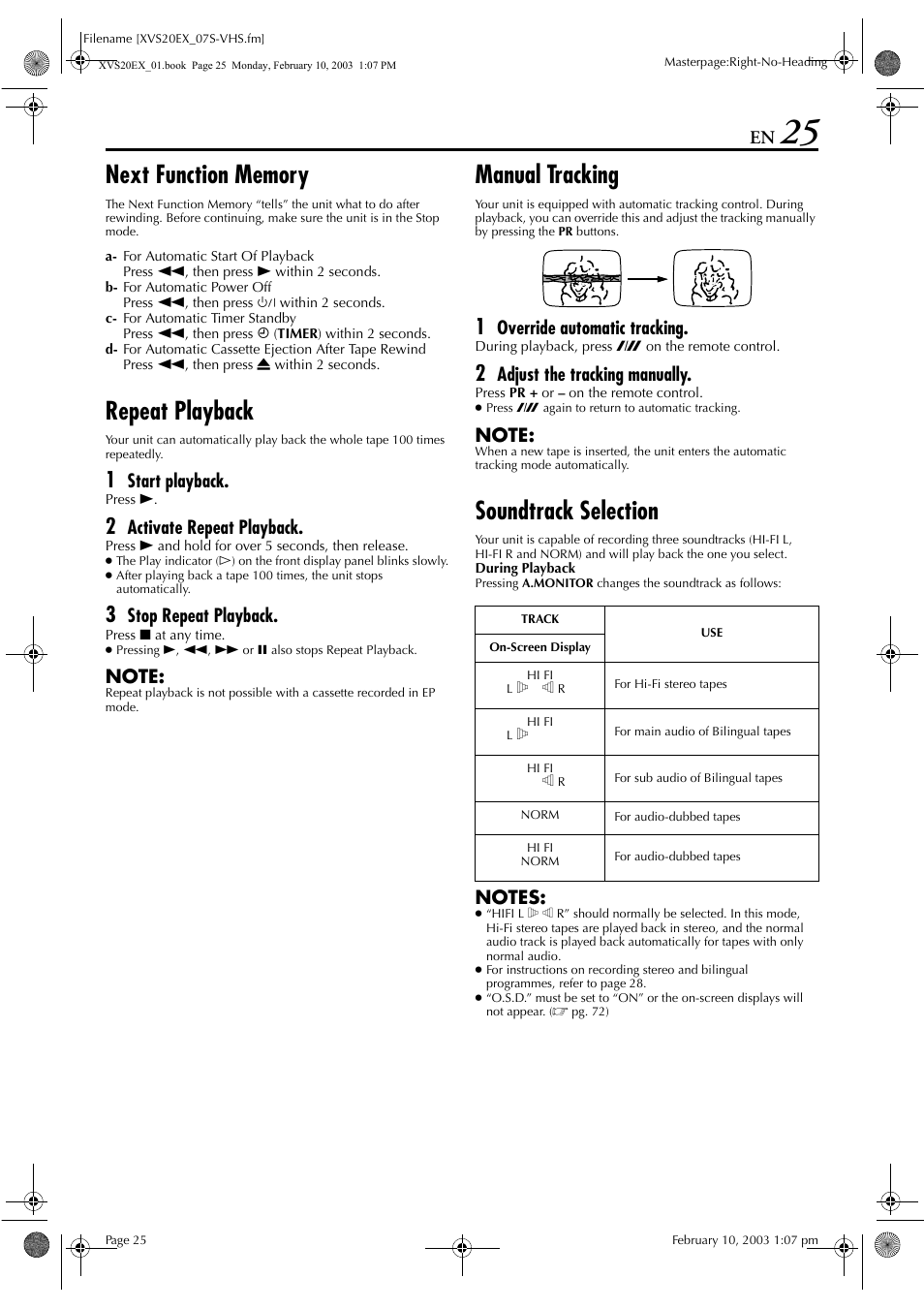 Next function memory, Repeat playback, Manual tracking | Soundtrack selection, Pg. 25, Start playback, Activate repeat playback, Stop repeat playback, Override automatic tracking, Adjust the tracking manually | JVC HR-XVS20E User Manual | Page 25 / 96