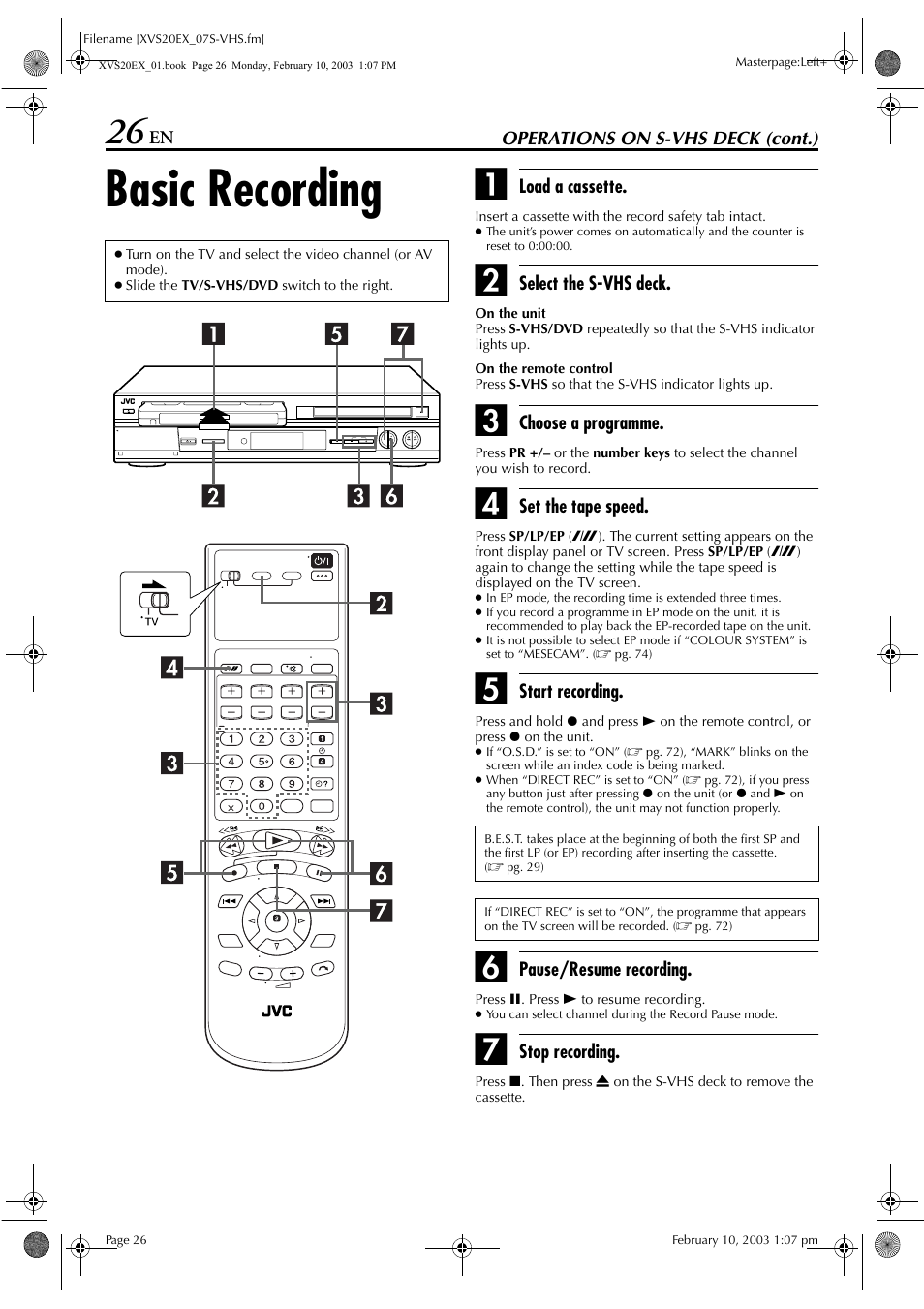Basic recording, Pg. 26, Pg. 26, 30 | JVC HR-XVS20E User Manual | Page 26 / 96