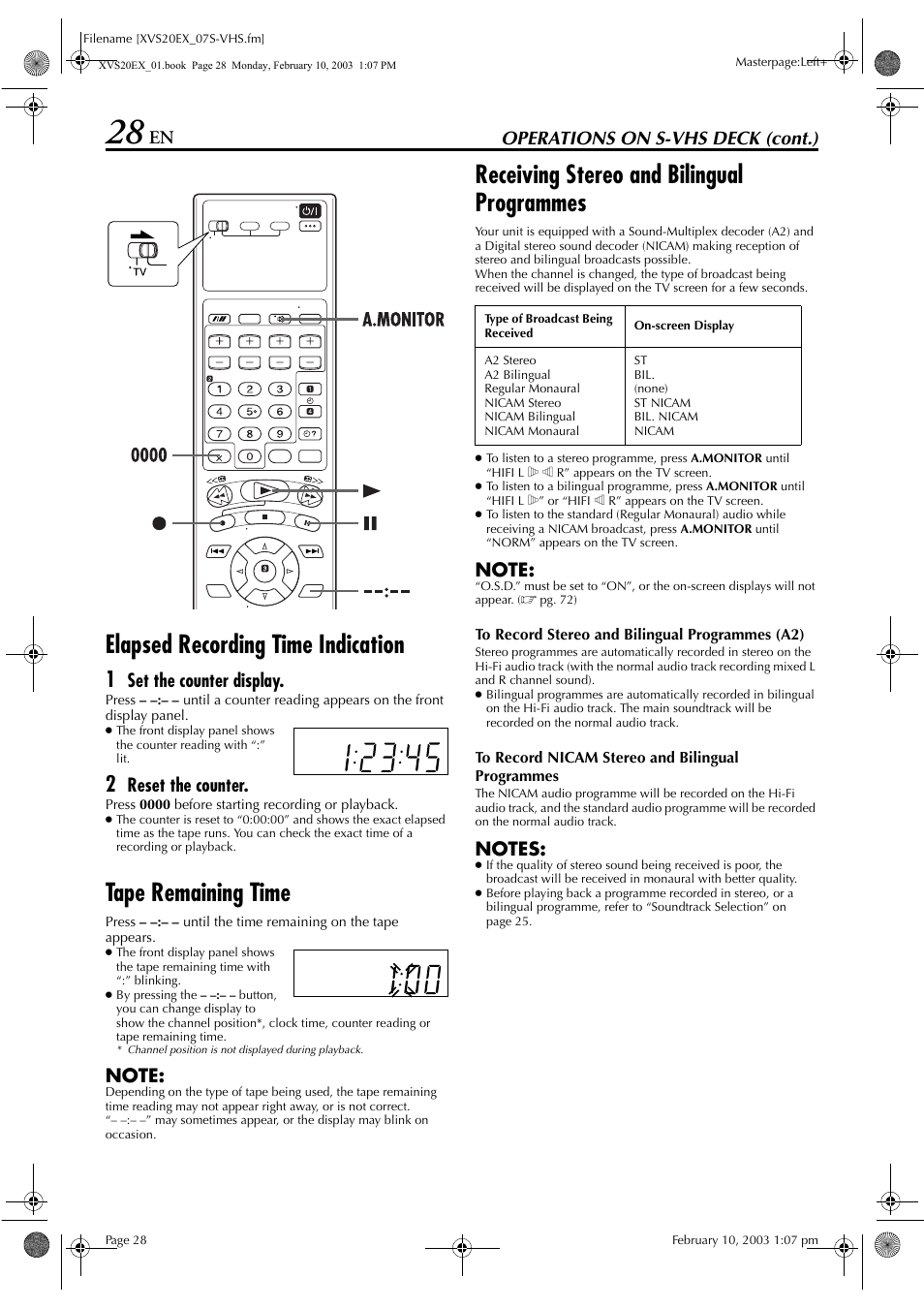 Elapsed recording time indication, Tape remaining time, Receiving stereo and bilingual programmes | Pg. 28, Operations on s-vhs deck (cont.), Set the counter display, Reset the counter | JVC HR-XVS20E User Manual | Page 28 / 96