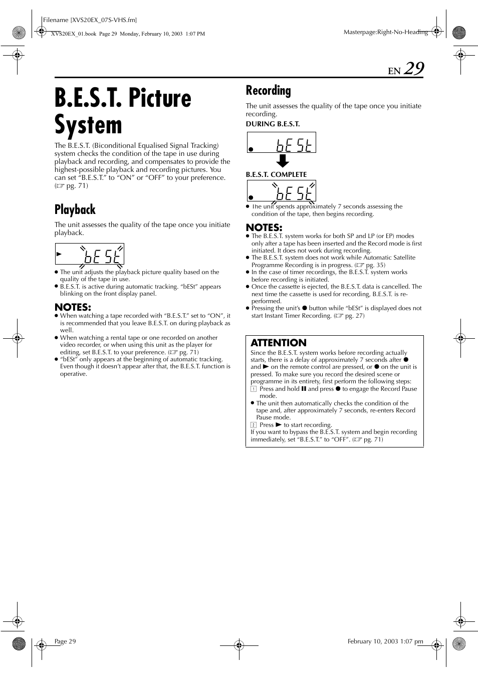 B.e.s.t. picture system, Playback, Recording | King, Pg. 29), Attention | JVC HR-XVS20E User Manual | Page 29 / 96