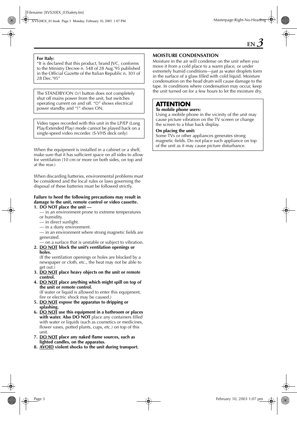 Attention | JVC HR-XVS20E User Manual | Page 3 / 96