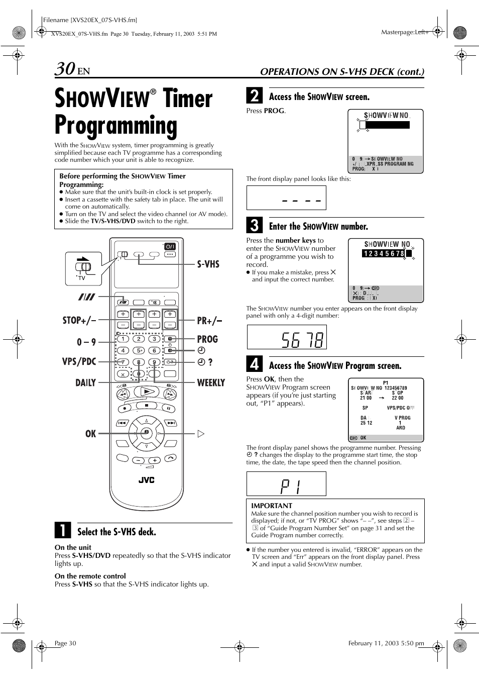 Showview® timer programming, Pg. 30, 3, Mming | Pg. 30) (s-vhs, Pg. 30, “s, Timer programming”) (s-vhs dec, Timer programming | JVC HR-XVS20E User Manual | Page 30 / 96