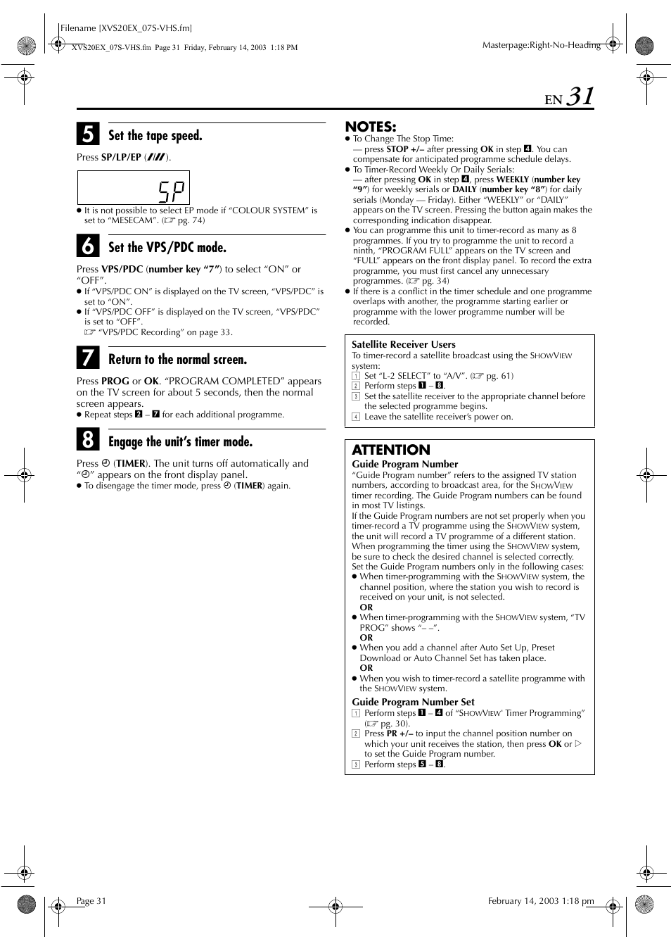 Pg. 31, Or ੬ pg. 31, 33, Vps/pdc button | Pg. 31, 3, Set the tape speed, Set the vps/pdc mode, Return to the normal screen, Engage the unit’s timer mode, Attention | JVC HR-XVS20E User Manual | Page 31 / 96