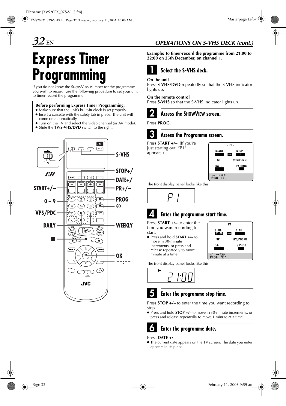 Express timer programming, Pg. 32 | JVC HR-XVS20E User Manual | Page 32 / 96