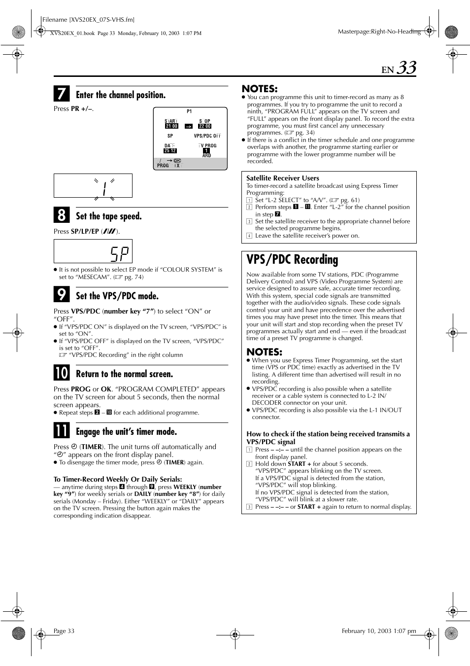 Vps/pdc recording | JVC HR-XVS20E User Manual | Page 33 / 96