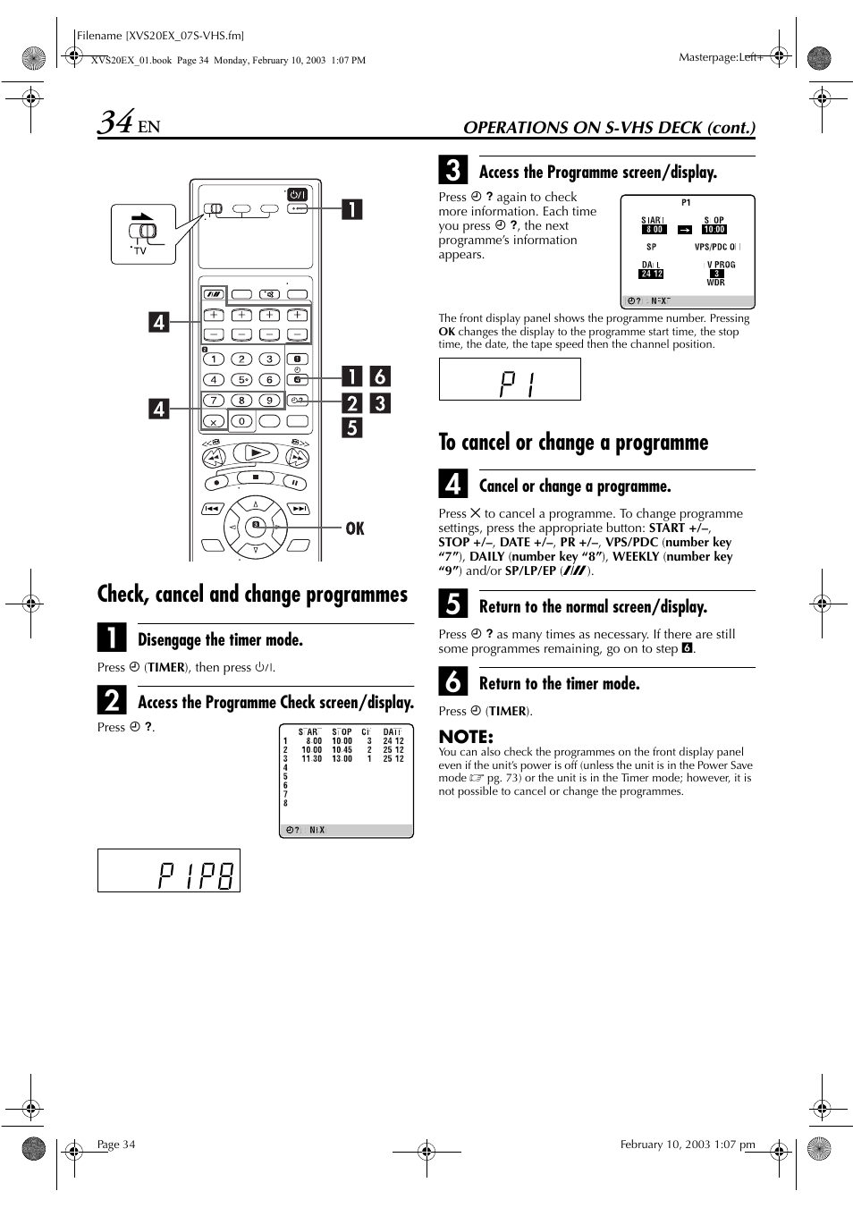Check, cancel and change programmes, To cancel or change a programme, Pg. 34 | Mmes, Pg. 34) | JVC HR-XVS20E User Manual | Page 34 / 96