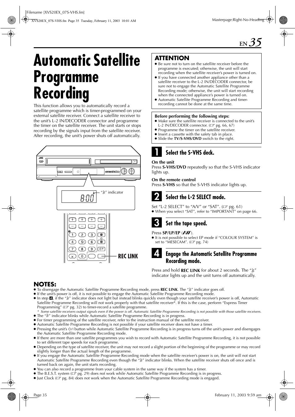 Automatic satellite programme recording, Pg. 35, Pg. 35) | JVC HR-XVS20E User Manual | Page 35 / 96