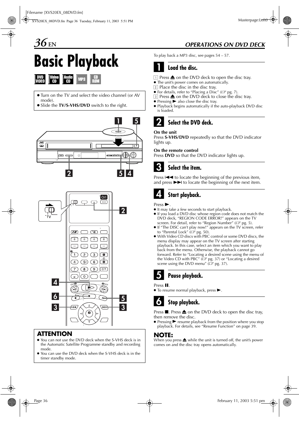 Operations on dvd deck, Basic playback, Pg. 36 | JVC HR-XVS20E User Manual | Page 36 / 96