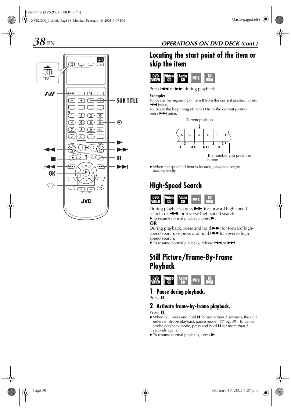 High-speed search, Still picture/frame-by-frame playback | JVC HR-XVS20E User Manual | Page 38 / 96