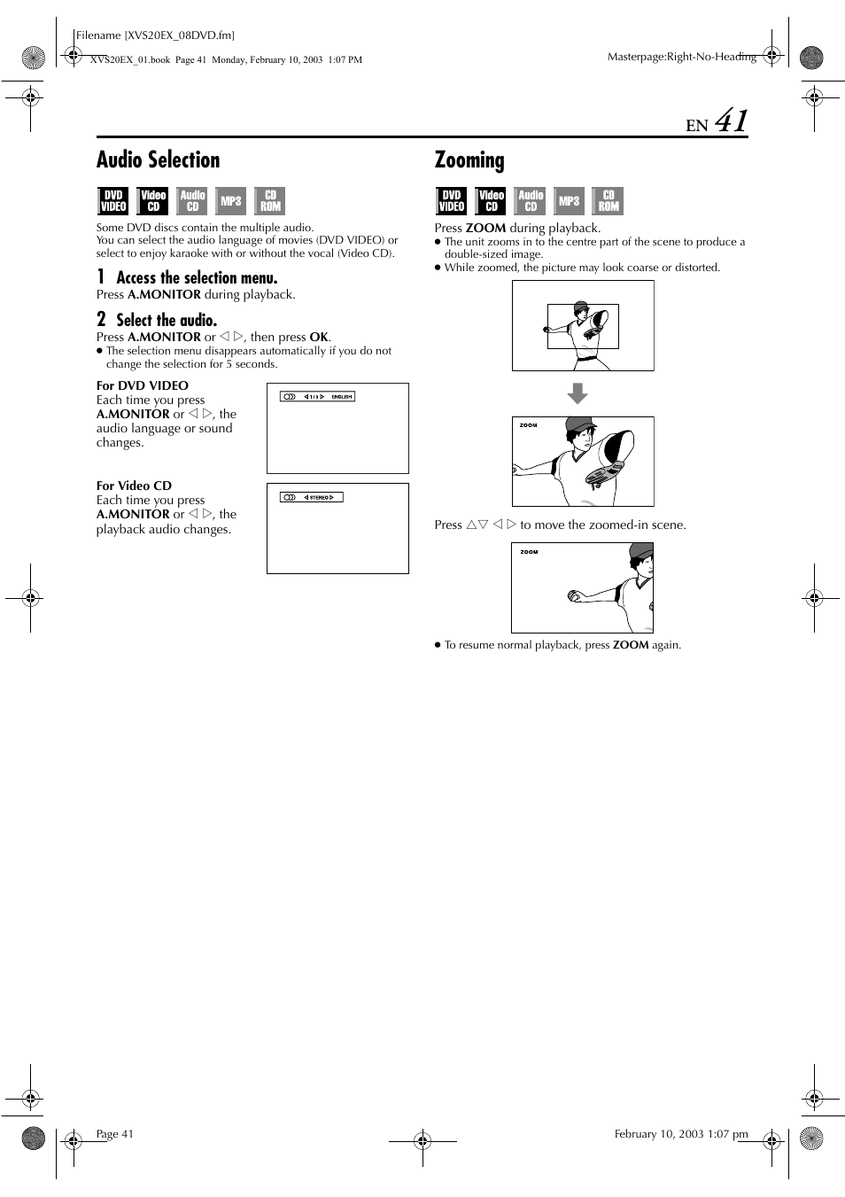 Audio selection, Zooming, Pg. 41 | JVC HR-XVS20E User Manual | Page 41 / 96