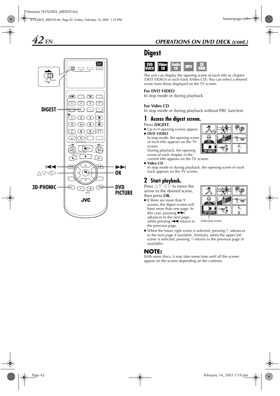 Digest, Pg. 42, Operations on dvd deck (cont.) | Access the digest screen, Start playback | JVC HR-XVS20E User Manual | Page 42 / 96