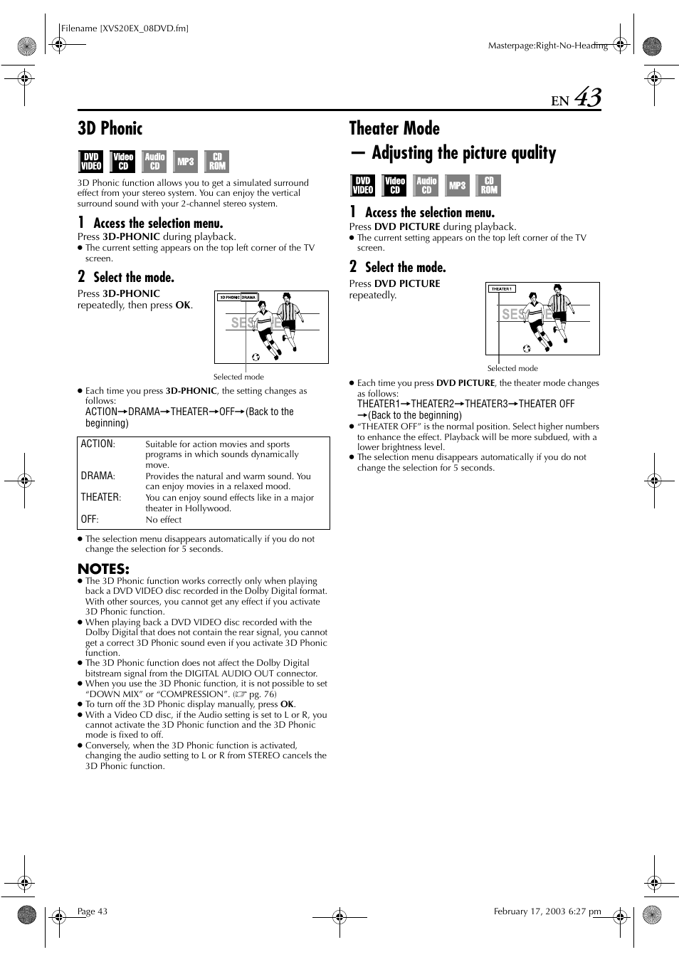 3d phonic, Theater mode, Pg. 43 | Theater mode — adjusting the picture quality, Access the selection menu, Select the mode | JVC HR-XVS20E User Manual | Page 43 / 96