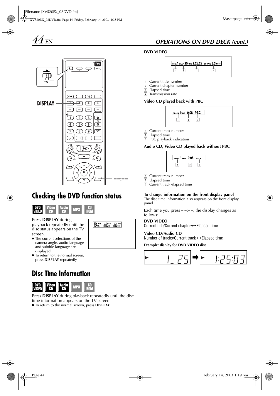 Checking the dvd function status, Disc time information, To “checking the dvd function status | Pg. 44), Pg. 44, Operations on dvd deck (cont.) | JVC HR-XVS20E User Manual | Page 44 / 96