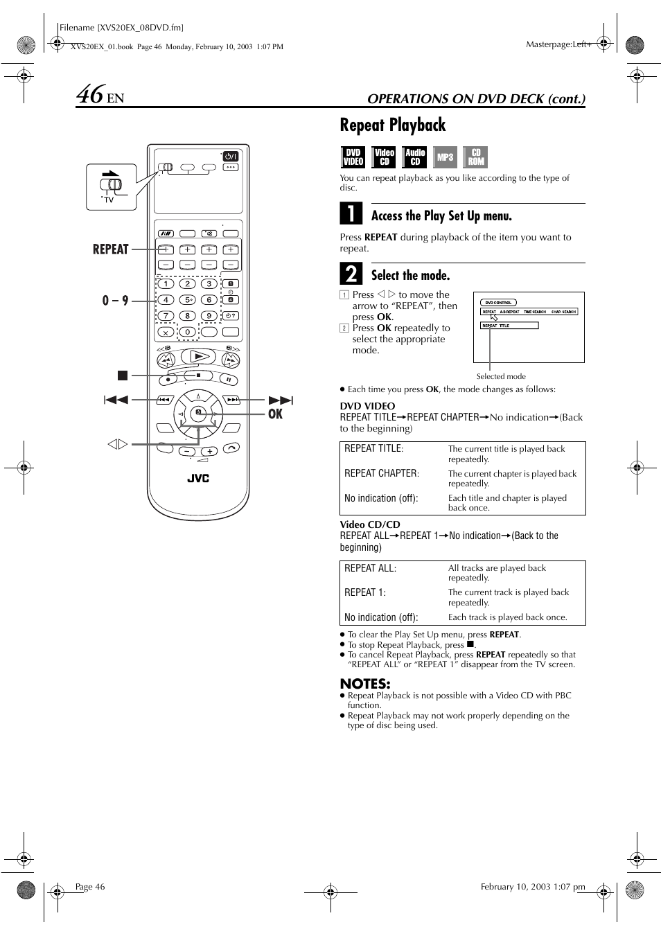Repeat playback, Pg. 46, Operations on dvd deck (cont.) | Access the play set up menu, Select the mode | JVC HR-XVS20E User Manual | Page 46 / 96