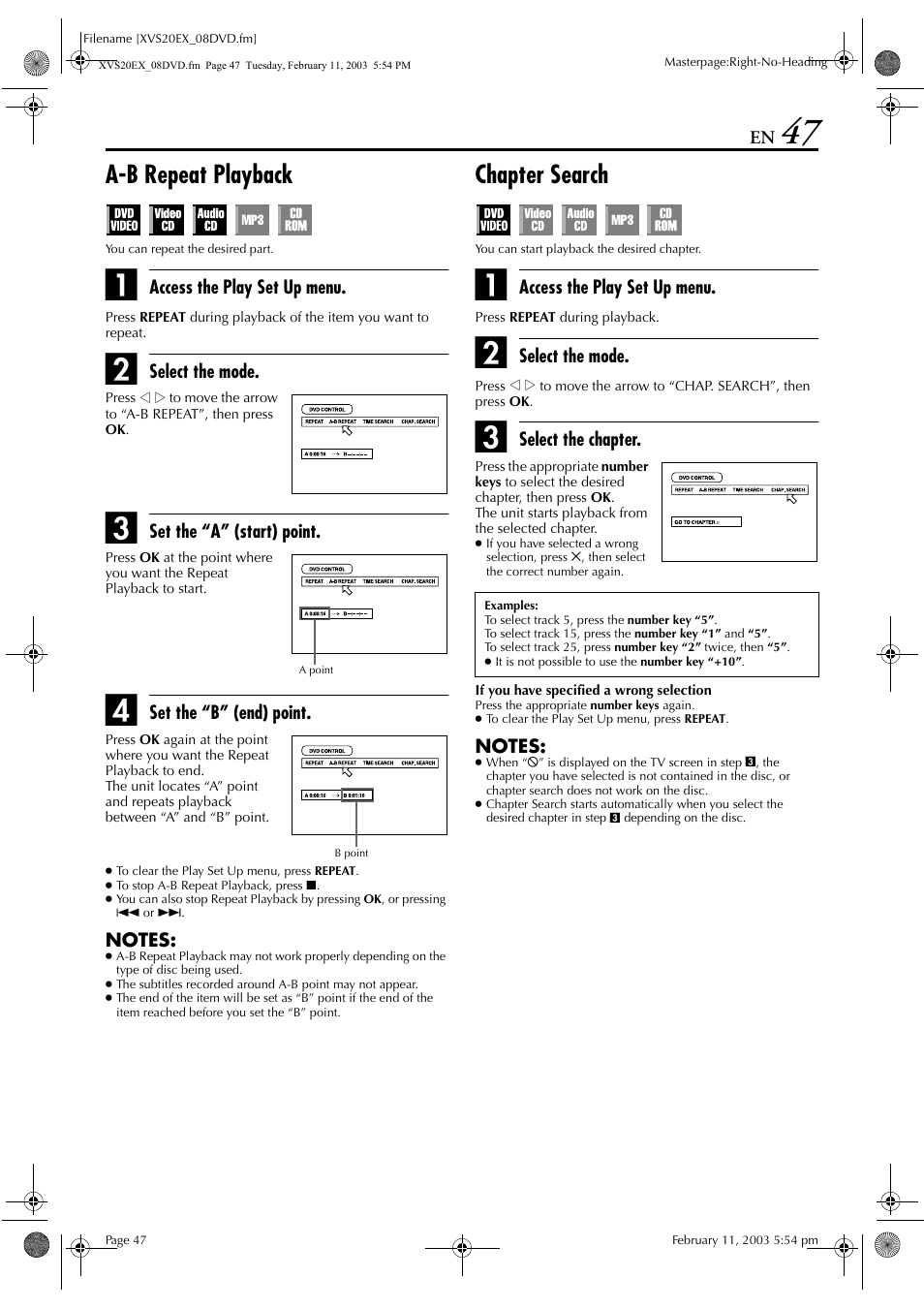 A-b repeat playback, Chapter search | JVC HR-XVS20E User Manual | Page 47 / 96