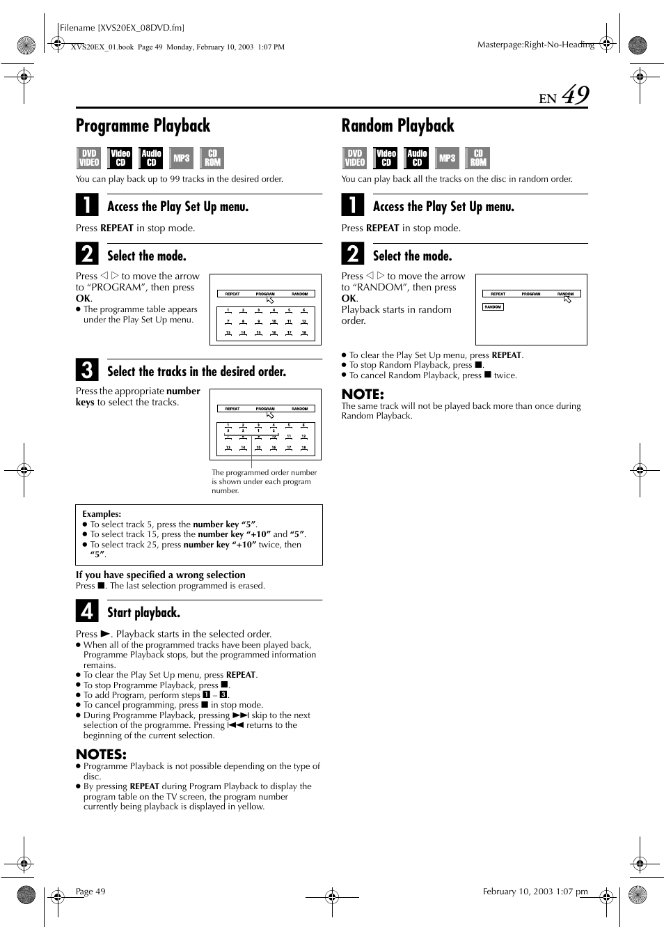 Programme playback, Random playback | JVC HR-XVS20E User Manual | Page 49 / 96
