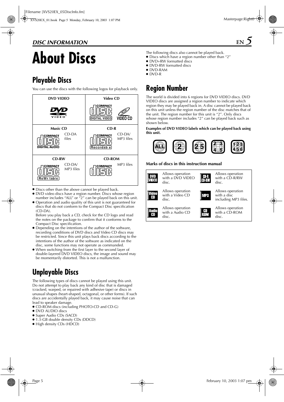 Disc information, About discs, Playable discs | Unplayable discs, Region number | JVC HR-XVS20E User Manual | Page 5 / 96