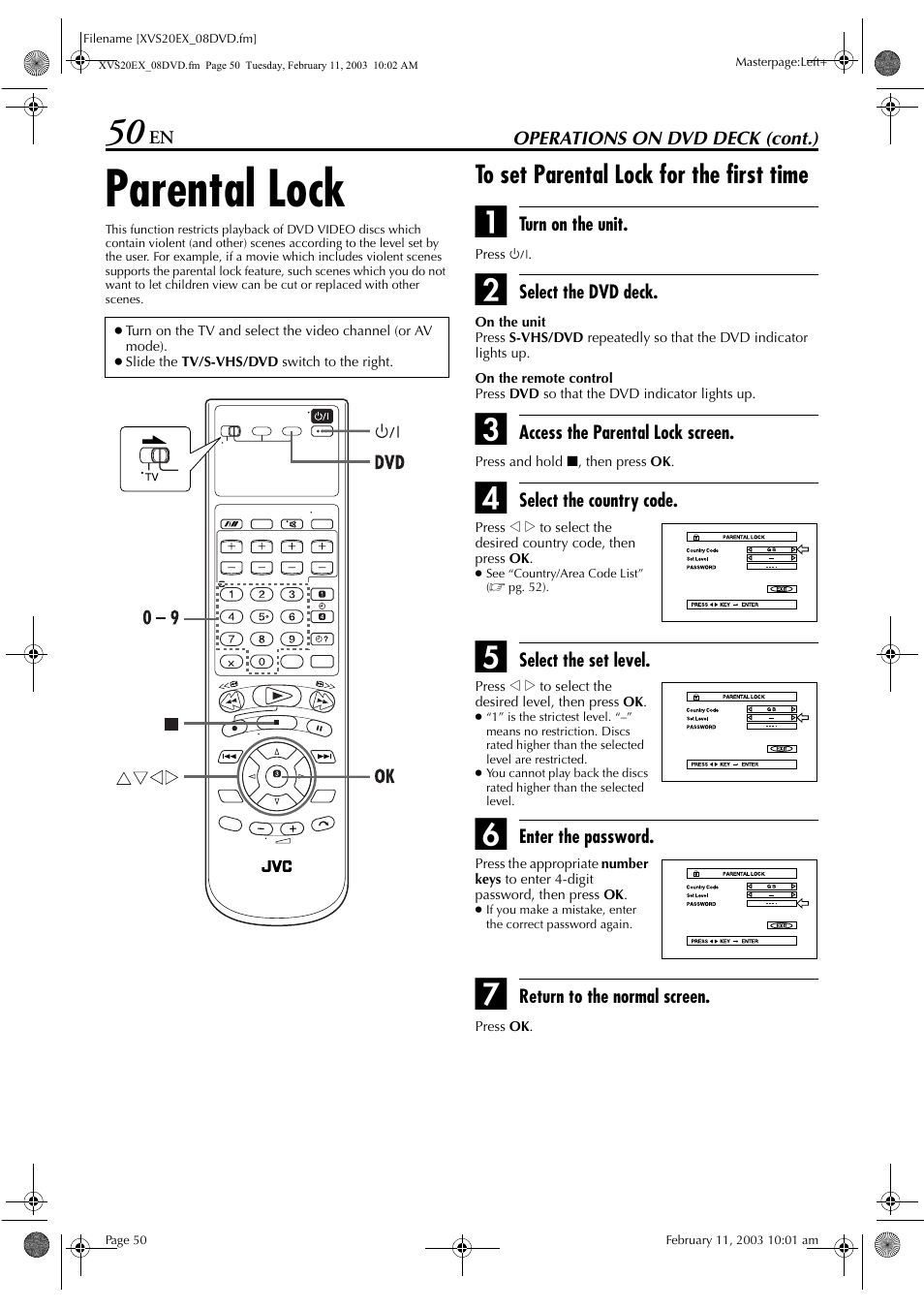 Parental lock, To set parental lock for the first time, To “parental lock | Pg. 50) | JVC HR-XVS20E User Manual | Page 50 / 96