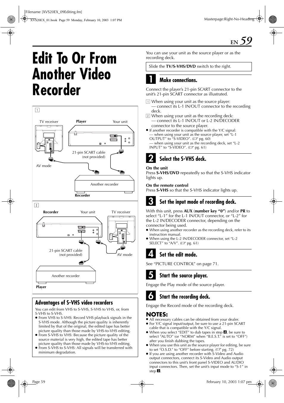 Edit to or from another video recorder, Pg. 59, 66 | JVC HR-XVS20E User Manual | Page 59 / 96