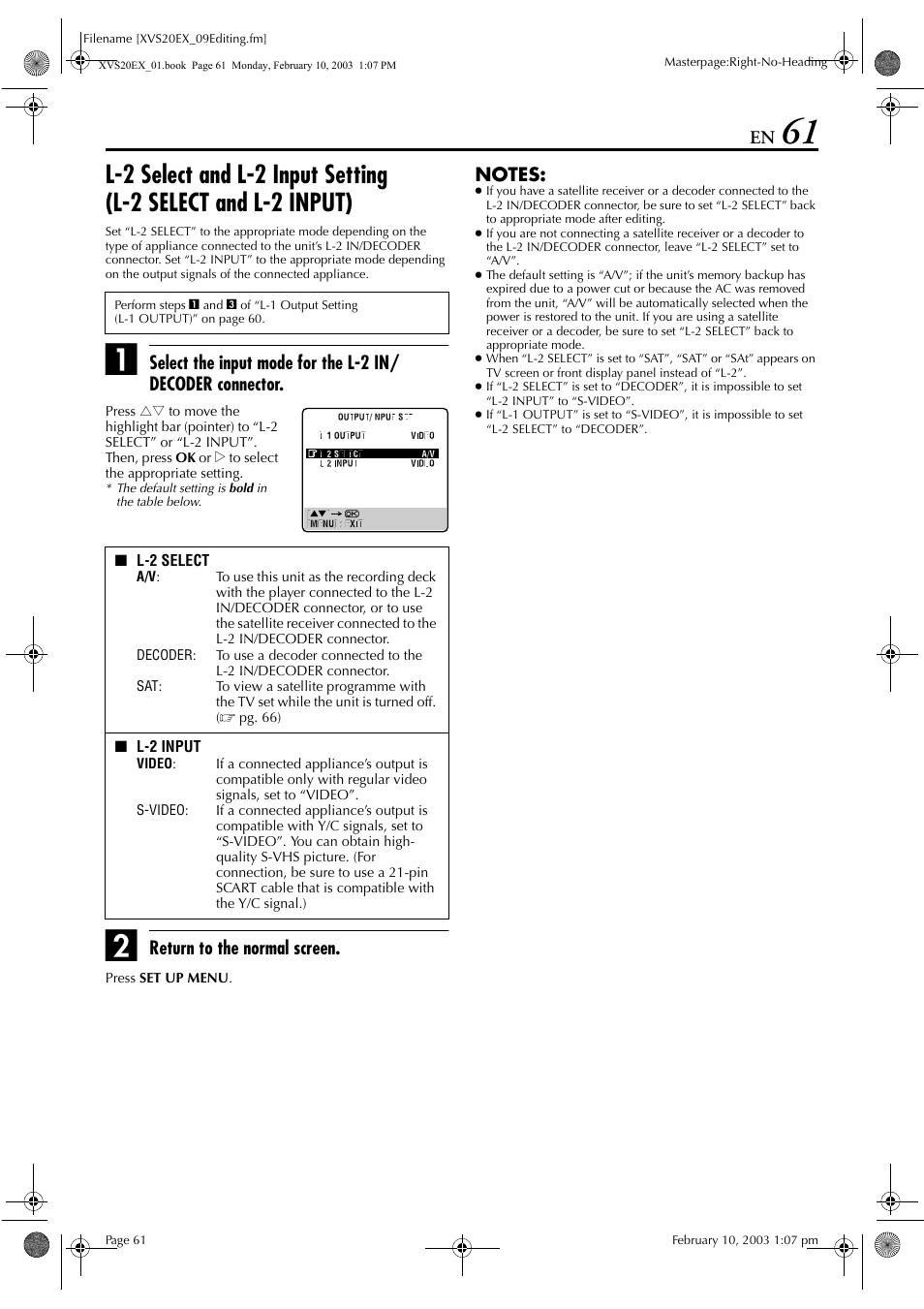 Pg. 61), Pg. 61), “sa, Return to the normal screen | JVC HR-XVS20E User Manual | Page 61 / 96
