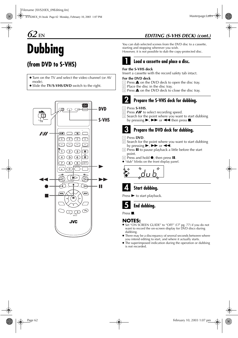 Dubbing (from dvd to s-vhs), Dubbing | JVC HR-XVS20E User Manual | Page 62 / 96
