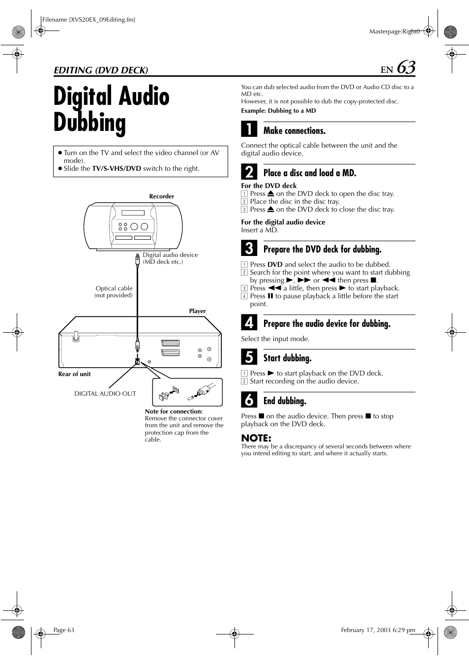 Editing (dvd deck), Digital audio dubbing, Pg. 63 | JVC HR-XVS20E User Manual | Page 63 / 96