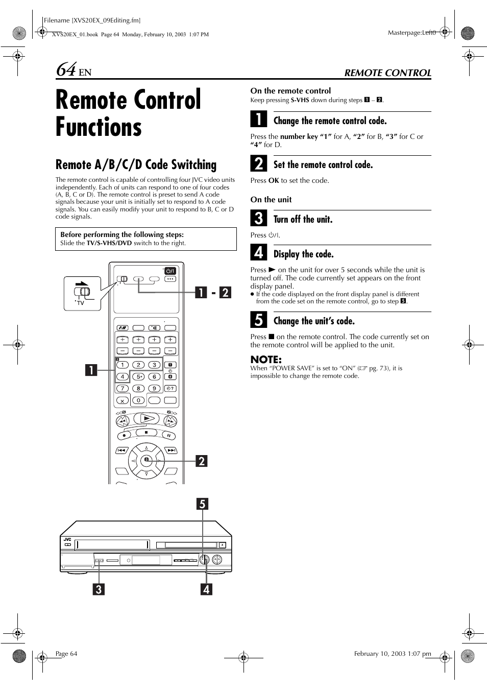 Remote control, Remote control functions, Remote a/b/c/d code switching | JVC HR-XVS20E User Manual | Page 64 / 96