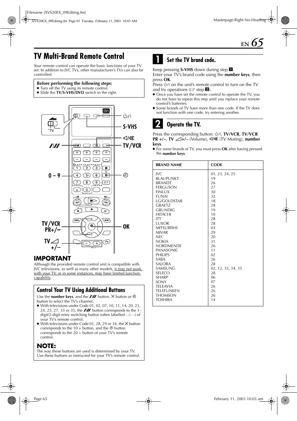 Tv multi-brand remote control, Pg. 65, Pg. 65) | Important, Set the tv brand code, Operate the tv, Control your tv using additional buttons | JVC HR-XVS20E User Manual | Page 65 / 96