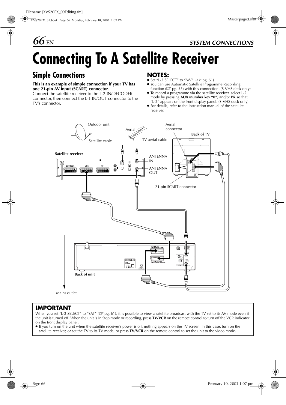 System connections, Connecting to a satellite receiver, Simple connections | To “important” on, Pg. 66, 67), Pg. 66), Important | JVC HR-XVS20E User Manual | Page 66 / 96
