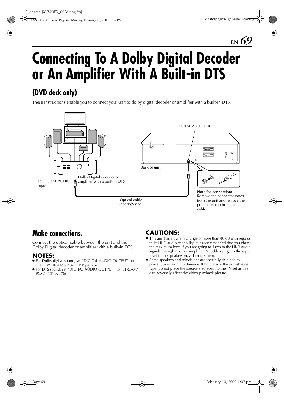 Make connections, Connecting to a dolby digital decoder or, An amplifier with a built-in dts (dvd deck only) | Dvd deck only) | JVC HR-XVS20E User Manual | Page 69 / 96
