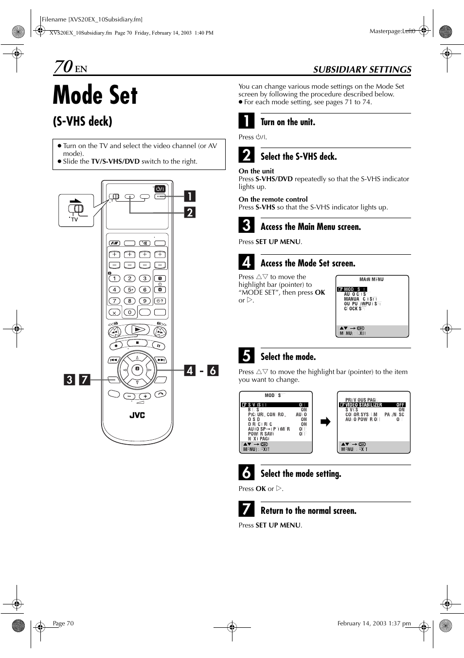 Subsidiary settings, Mode set (s-vhs deck), Mode set | S-vhs deck) | JVC HR-XVS20E User Manual | Page 70 / 96