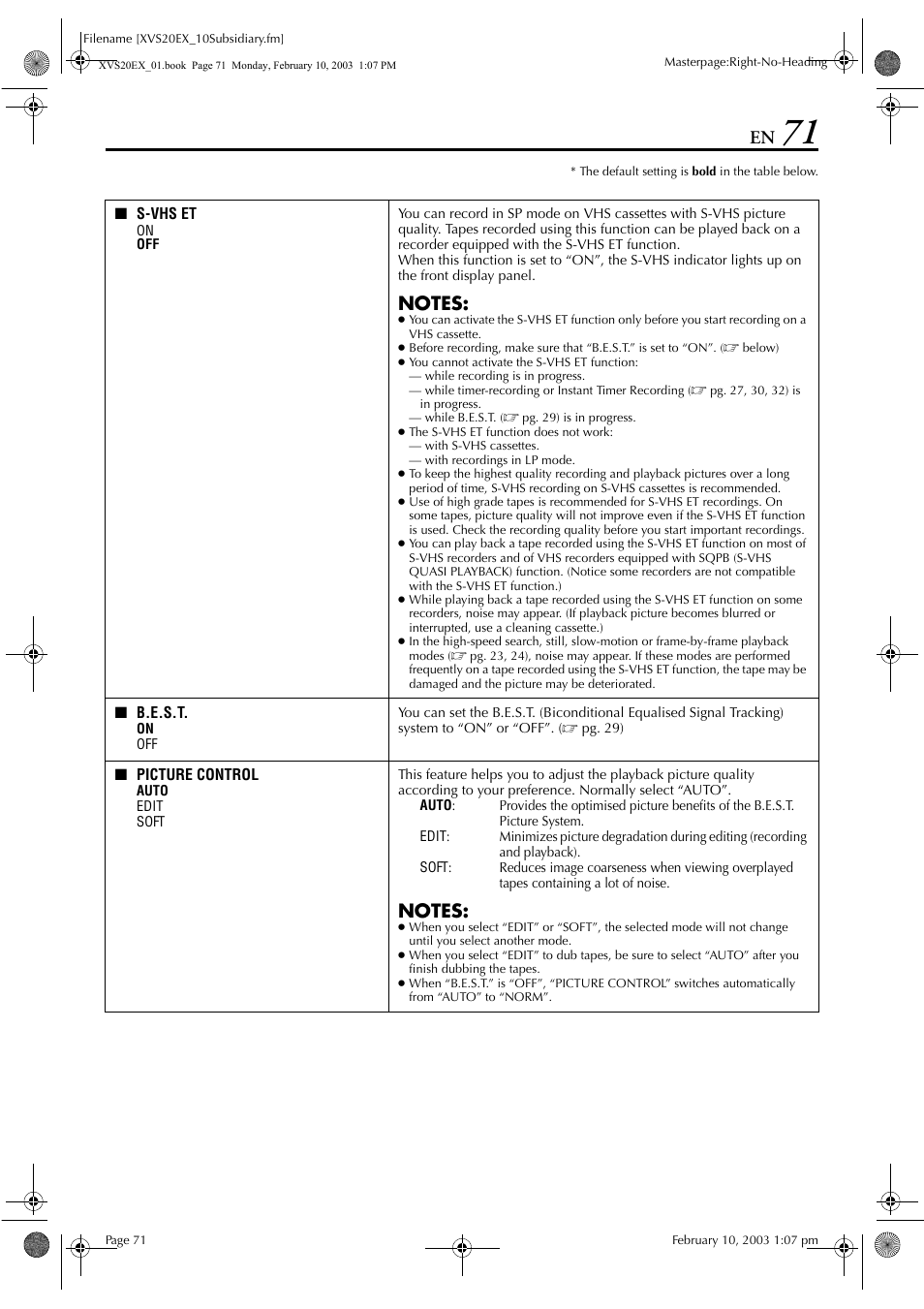 Pg. 71, 73, Pg. 71), Preference | To “off, See “picture control | JVC HR-XVS20E User Manual | Page 71 / 96