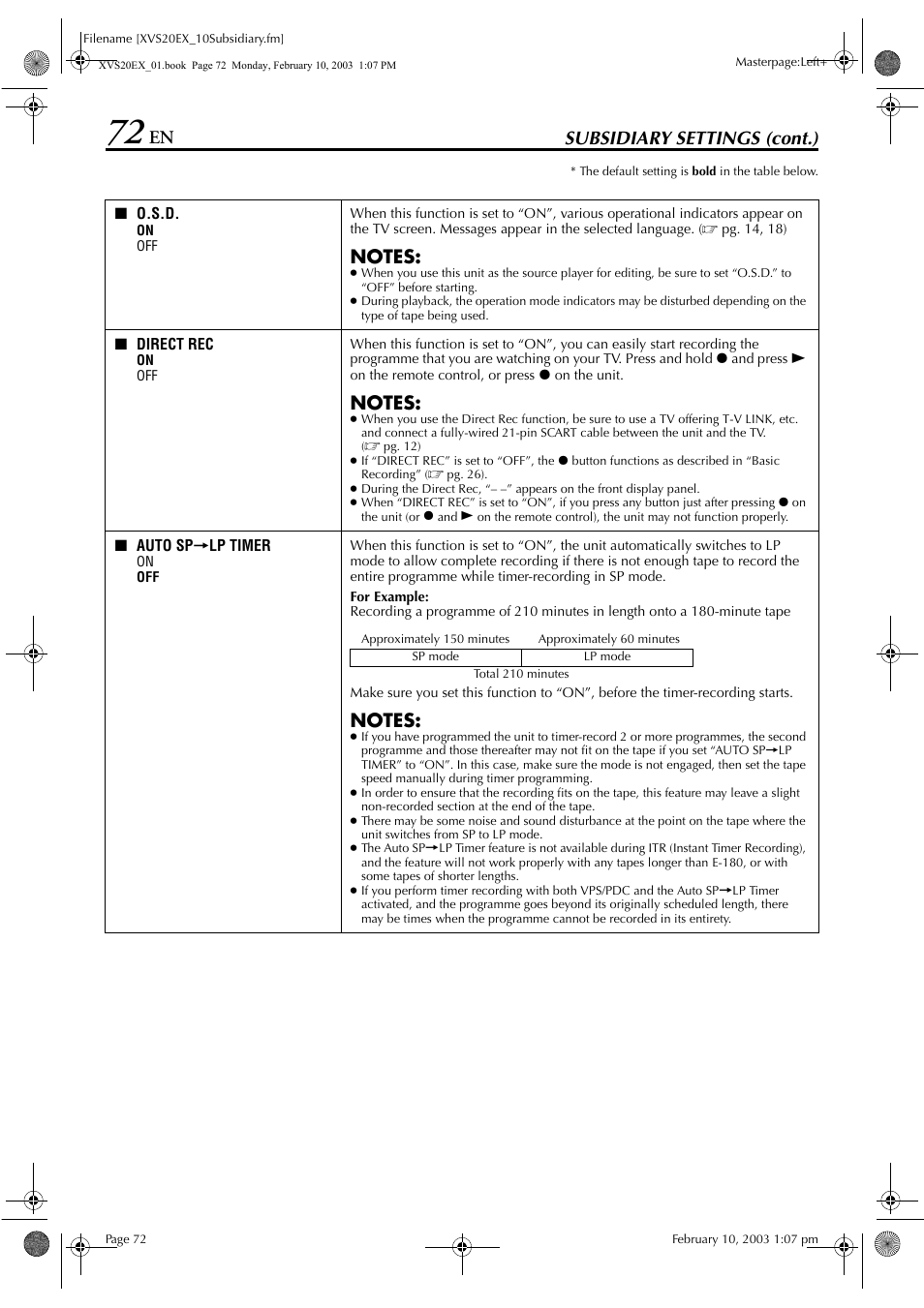Pg. 72), Set to “on”), Is set to “on | Pg. 72), “m, C” is set to “on, Pg. 72), if y, En will be recorded, Ting, Subsidiary settings (cont.) | JVC HR-XVS20E User Manual | Page 72 / 96
