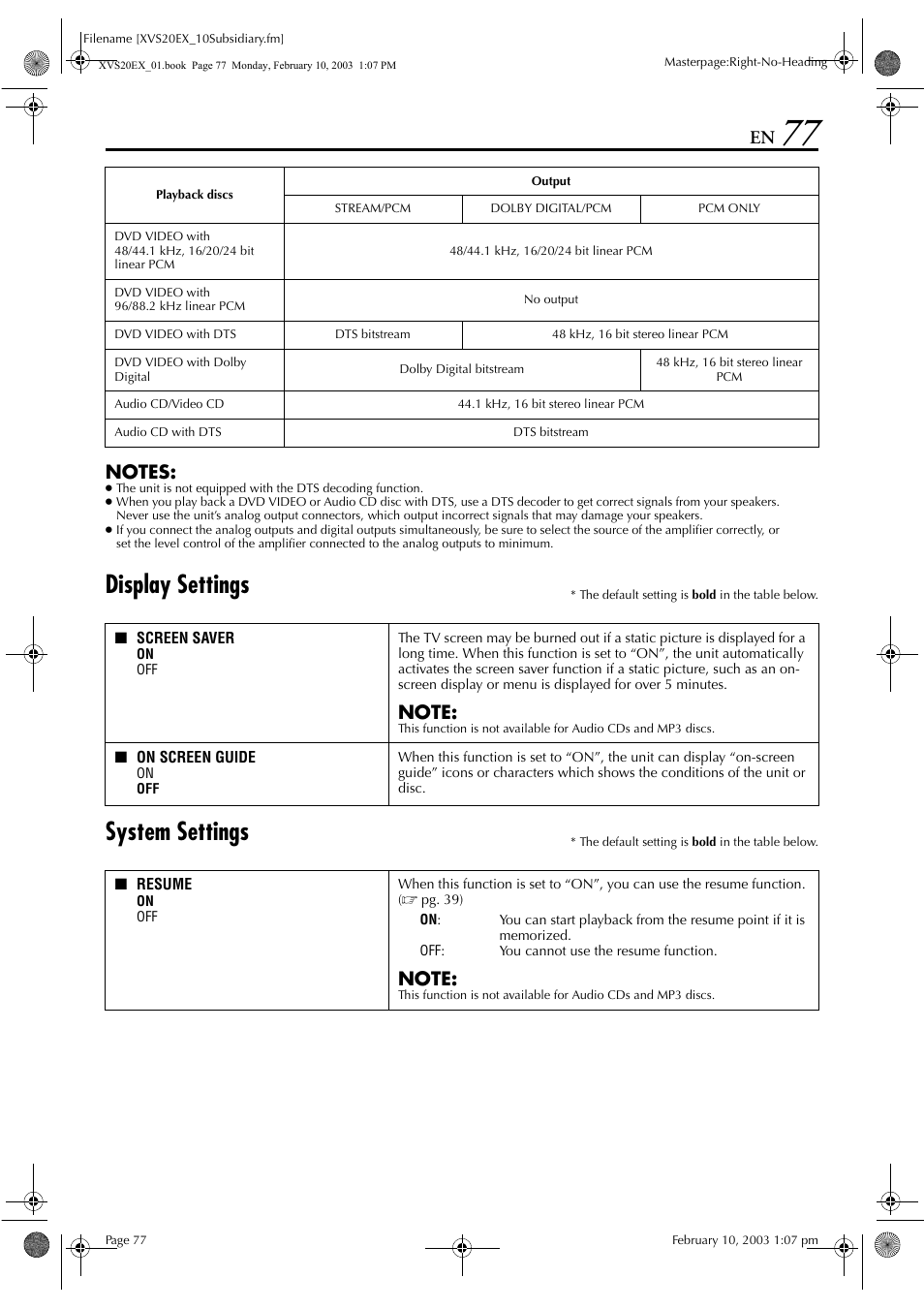 Esume” to “on, Pg. 77), To 77 | Display settings, System settings | JVC HR-XVS20E User Manual | Page 77 / 96