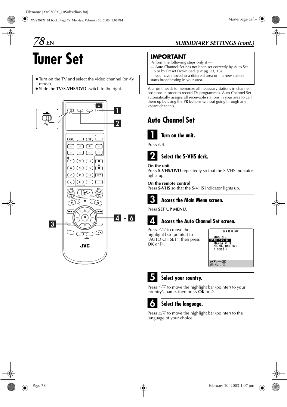 Tuner set, Auto channel set, Clock set | Pg. 78, Tuner setting, Pg. 78) and, if n | JVC HR-XVS20E User Manual | Page 78 / 96