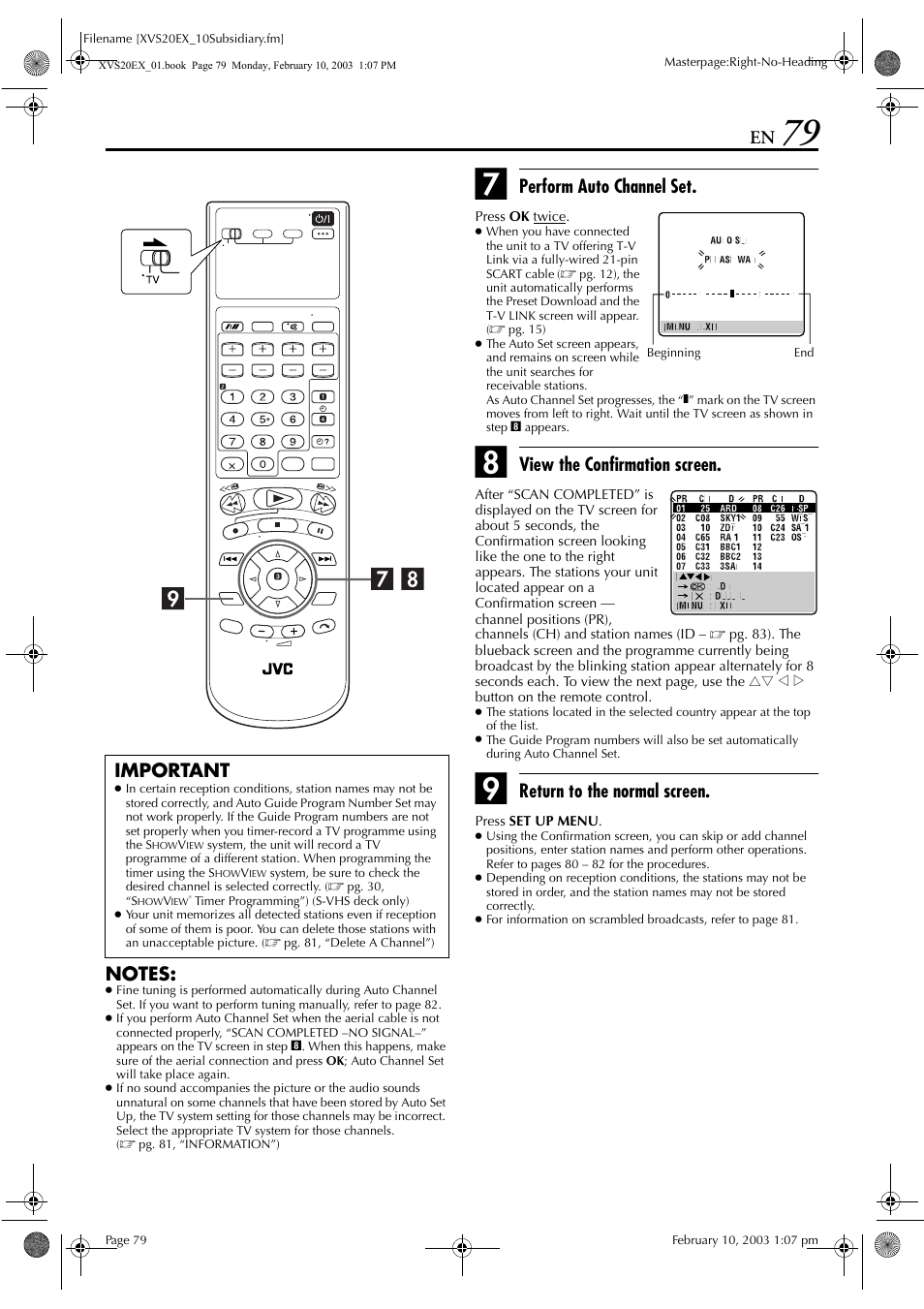 Perform auto channel set, View the confirmation screen, Return to the normal screen | Important | JVC HR-XVS20E User Manual | Page 79 / 96