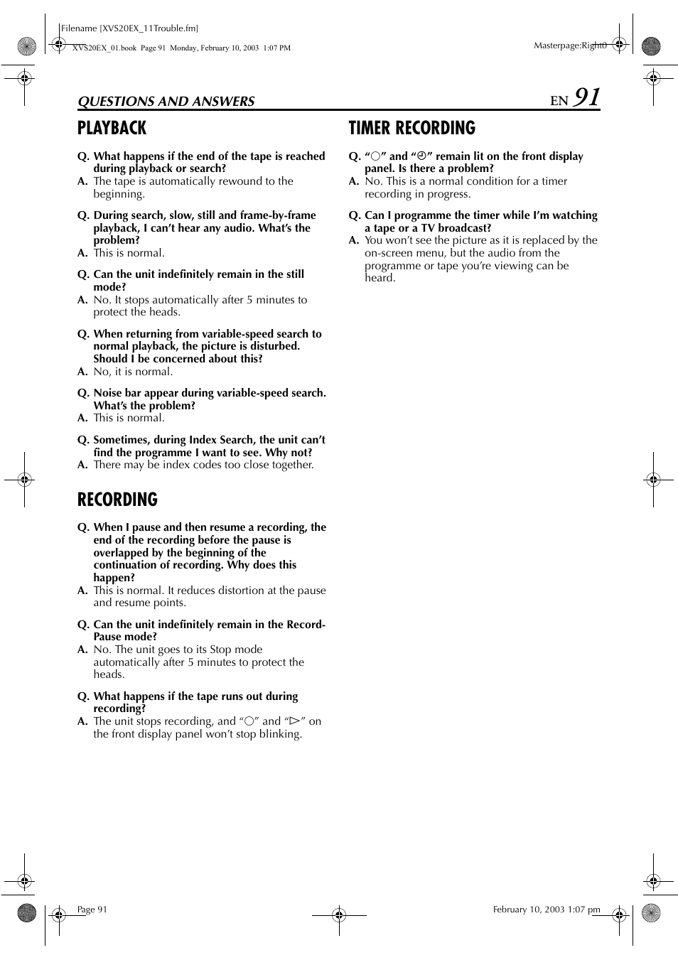 Questions and answers, Playback, Recording | Timer recording | JVC HR-XVS20E User Manual | Page 91 / 96