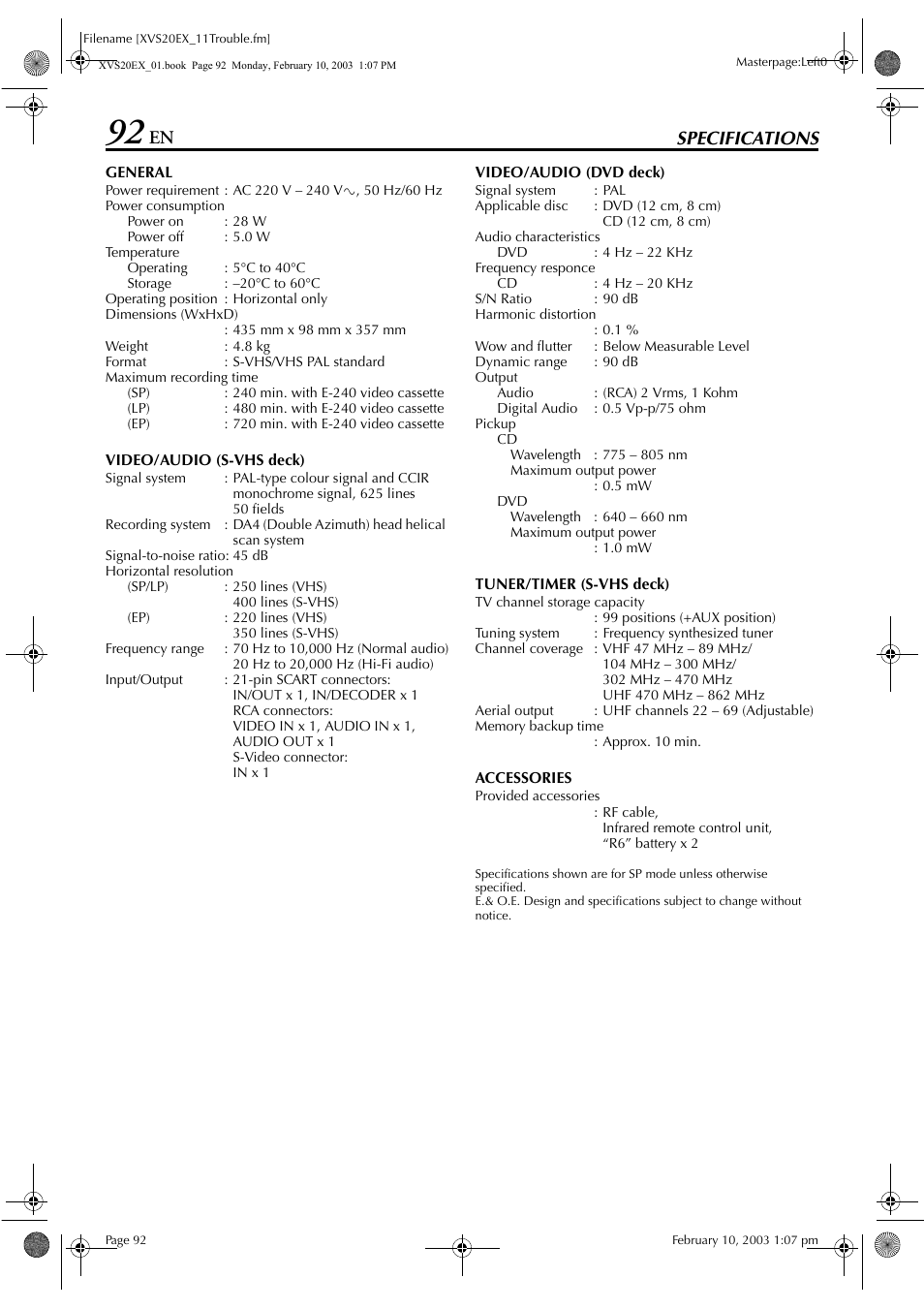 Specifications, Specifications” on | JVC HR-XVS20E User Manual | Page 92 / 96