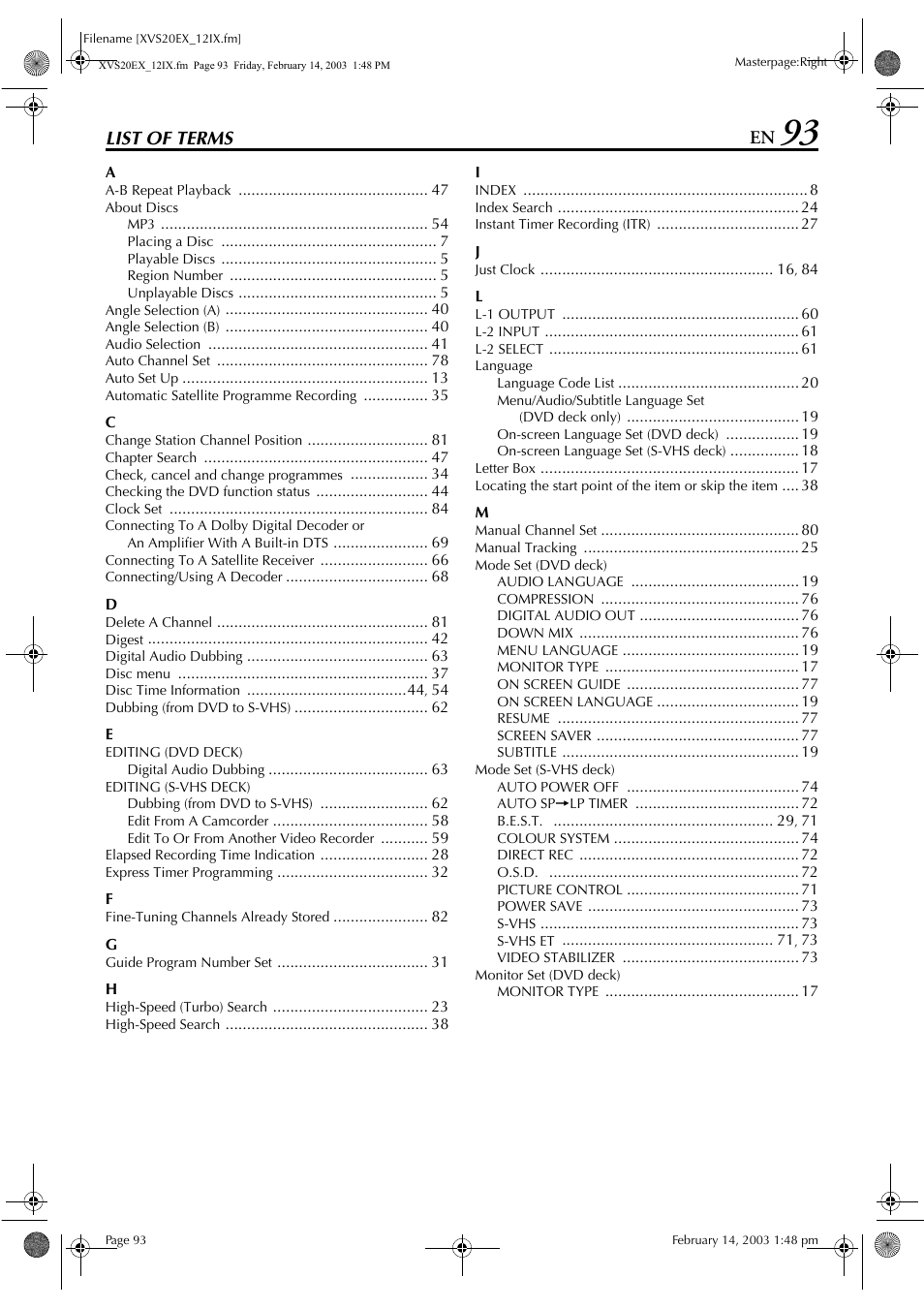 List of terms | JVC HR-XVS20E User Manual | Page 93 / 96