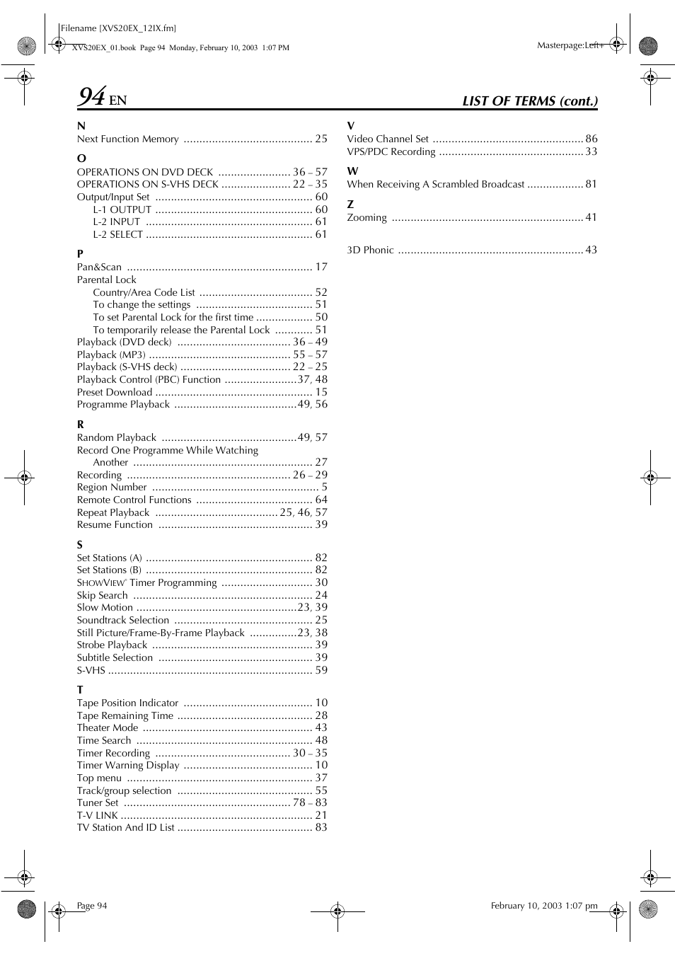 List of terms (cont.) | JVC HR-XVS20E User Manual | Page 94 / 96