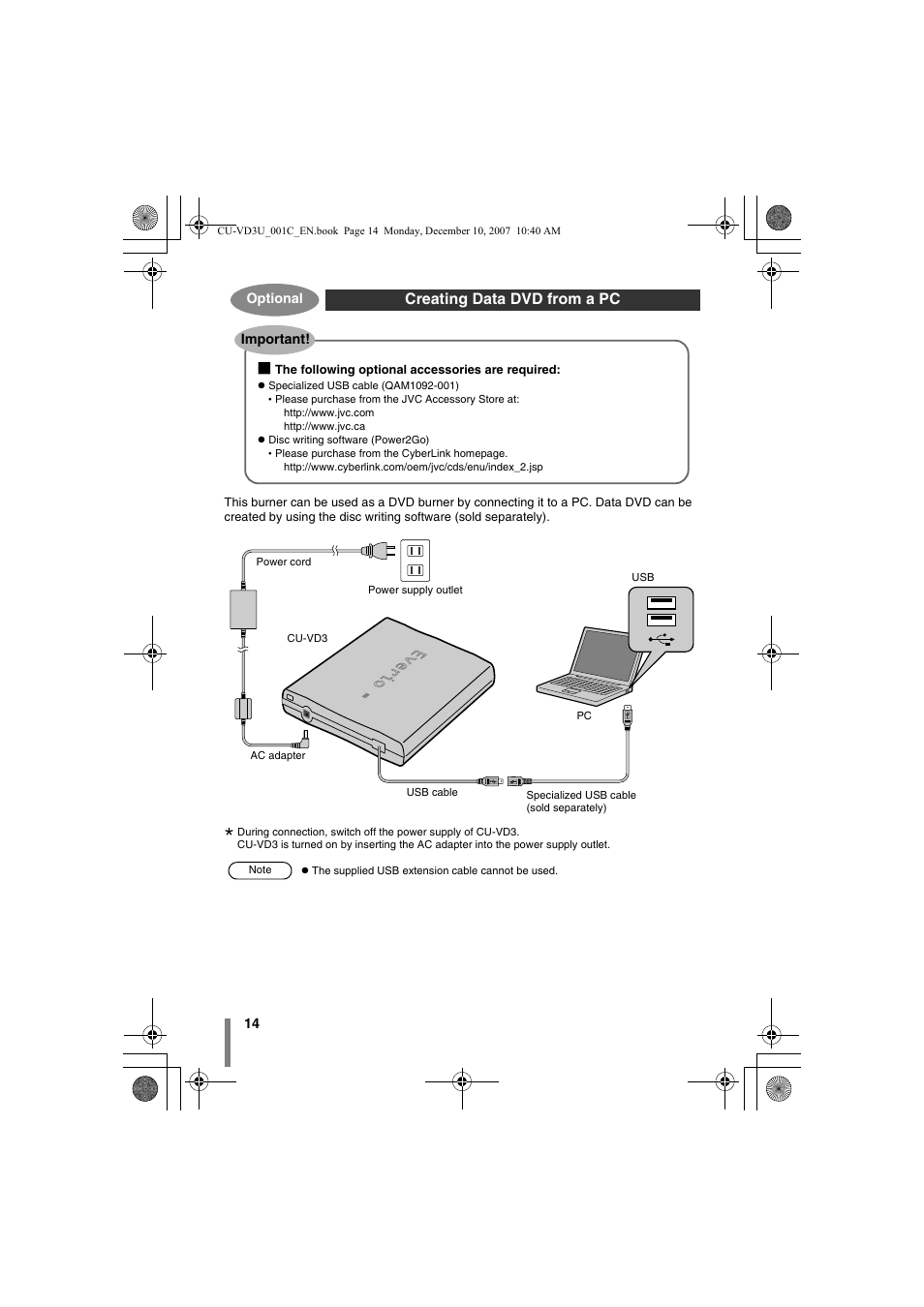 Creating data dvd from a pc (optional) | JVC CU-VD3U User Manual | Page 14 / 20