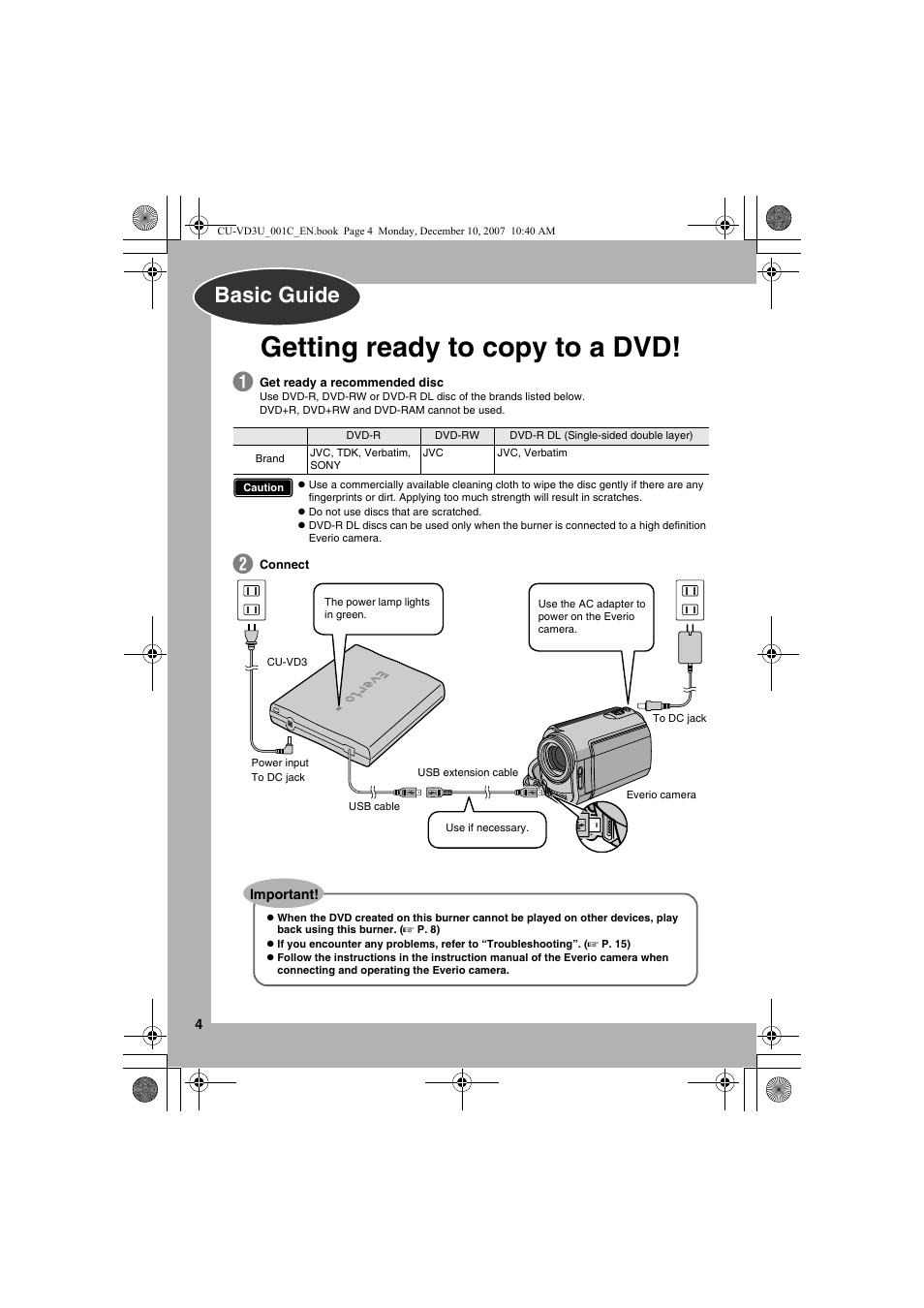 Basic guide, Getting ready to copy to a dvd | JVC CU-VD3U User Manual | Page 4 / 20