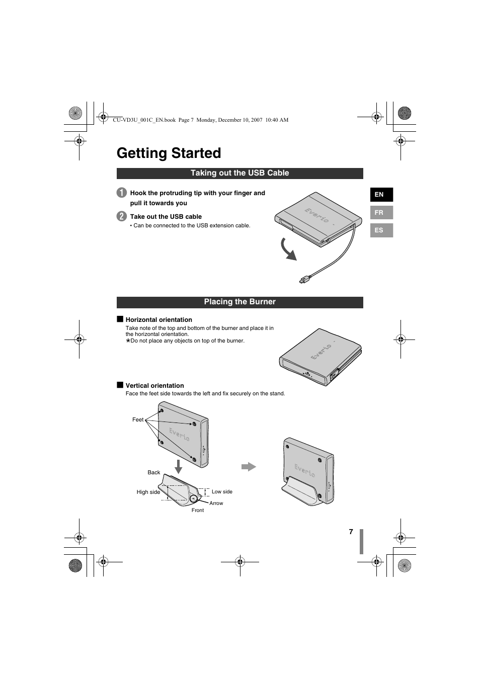 Getting started, Taking out the usb cable, Placing the burner | Z getting started, Taking out the usb cable placing the burner | JVC CU-VD3U User Manual | Page 7 / 20