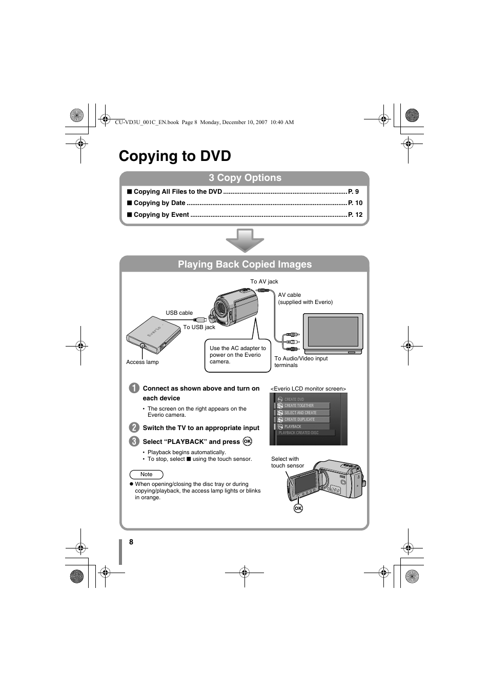 Copying to dvd, 3 copy options, Playing back copied images | Z copying to dvd, 3 copy options playing back copied images | JVC CU-VD3U User Manual | Page 8 / 20