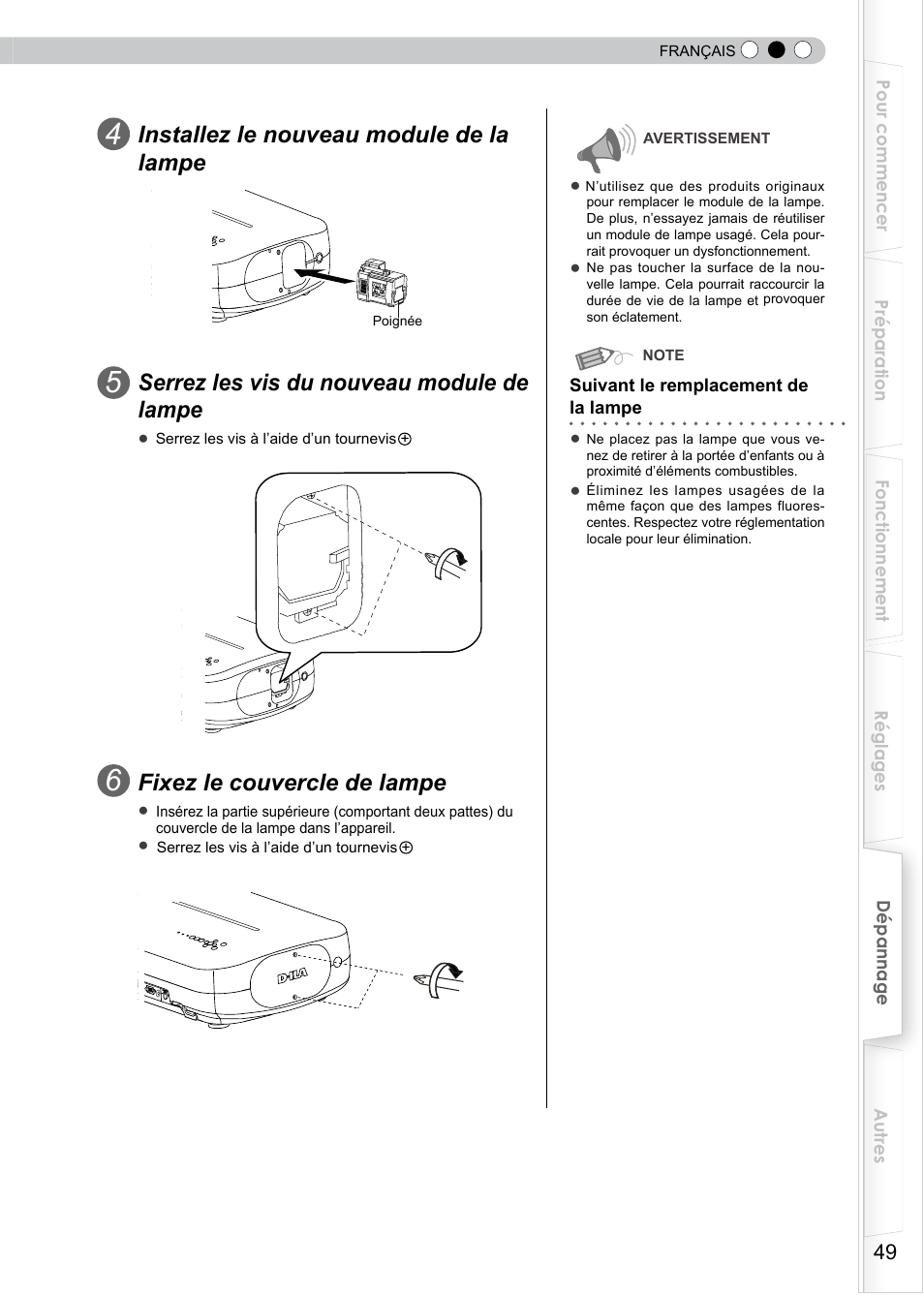 Installez le nouveau module de la lampe, Serrez les vis du nouveau module de lampe, Fixez le couvercle de lampe | JVC PB006596599-0 User Manual | Page 109 / 181